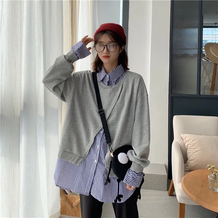 

turn-down collar patchwork streetwear Korean style full Fake two pieces Spring and autumn shirts Women's Clothing Trend tops