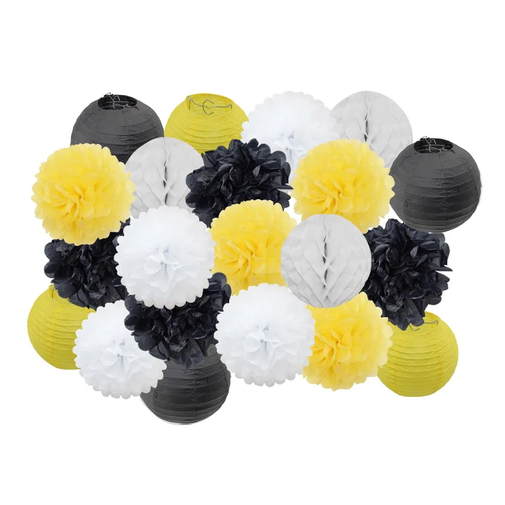 Black Yellow Set Горячая распродажа 21 шт./компл. розовый набор круглых Бумага Фонари для маленьких девочек украшение для детей крещение вечерние декор висит Изделия из бумаги орнамент - Цвет: Black Yellow Set