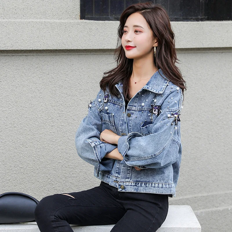 Вышитая Модная Ковбойская винтажная женская джинсовая куртка с жемчужинами и