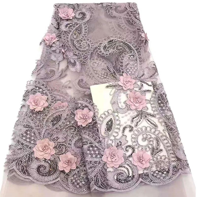 

Luxury Fashion 3D Sequins Lace Fabric African Tulle Lace Fabric with Beads/Sequins Embroidery Lace for Wedding Dresses rof66-480