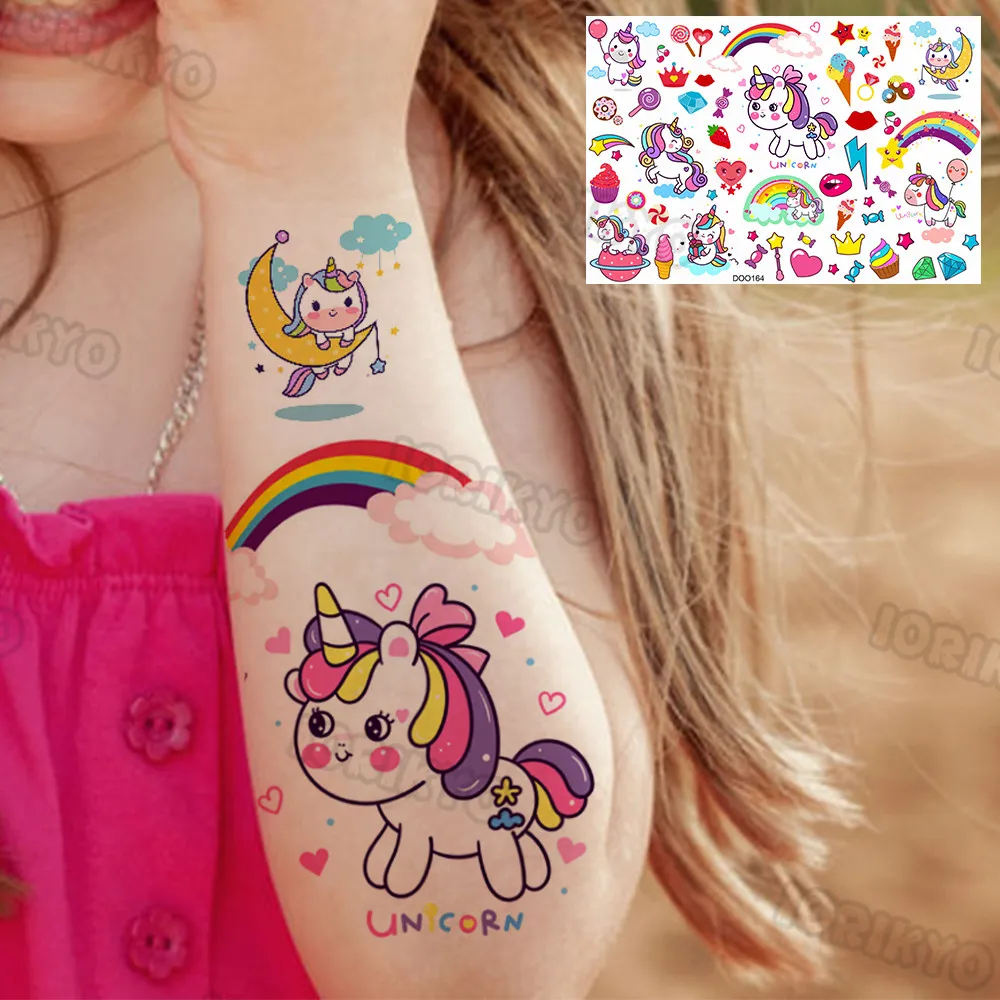 

Strawberry Unicorn Temporary Tattoos For Kids Baby Girls Fake Pony Horse Tattoo Sticker Flower Waterproof Self Adhesive Tatoos