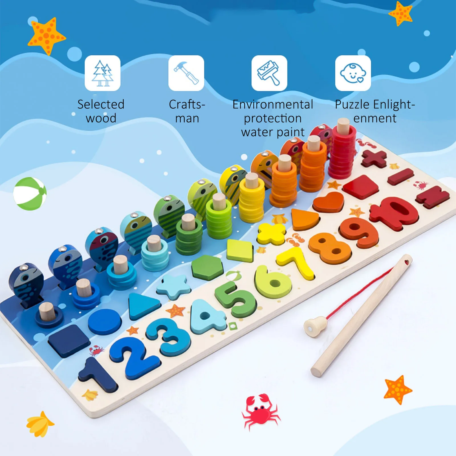 

Funny Wooden Fishing Game Multifunctional Preschool Toy Number Shapes Colors Sorting Matching Toys Enlightenment Game Set