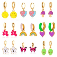 cute enamel smiling face earrings for women korea flower alien rainbow heart tai chi ying yang ghost butterfly drop earrings