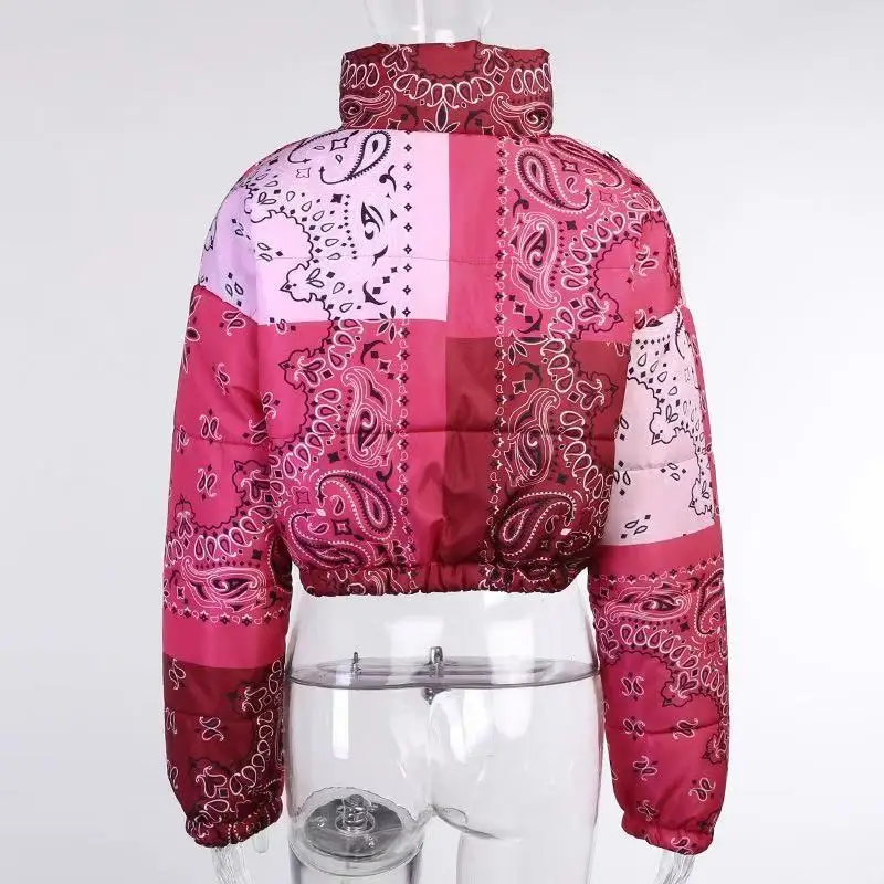 women 2021  Casual Print Puffer Bandana Jacket Winter Coat Women Fashion Clothing for Streetwear Cropped Puffer Warm Bubble Coat