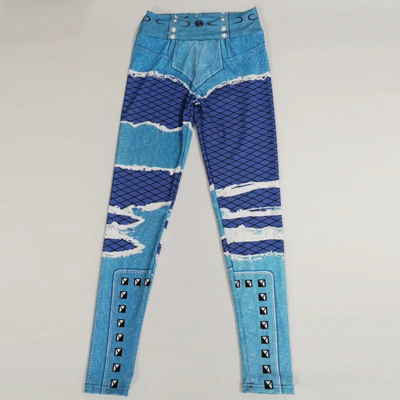 

Jeans Printed Leggings Mid Waist Ankle-Length Fashion Faux Ripped Pocket Printing Legins for Women Seamless Slim Leggings Women
