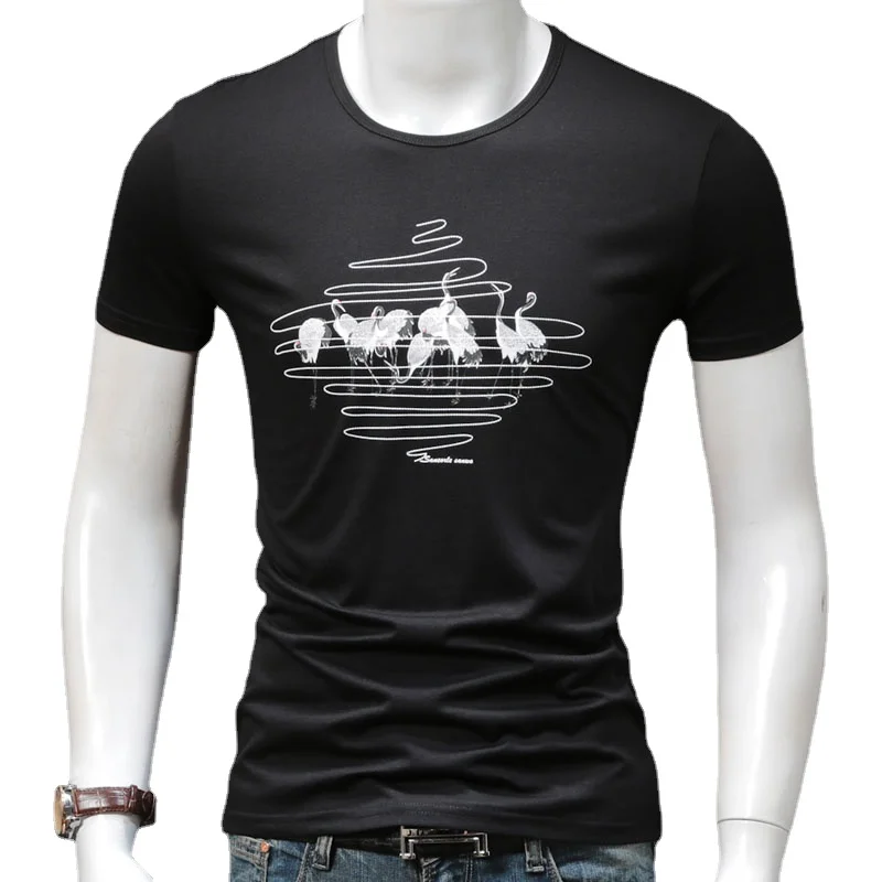 

Red-Crowned Crane Printed Men's Black T Shirt Fashion Slim Fit O-Neck Short Sleeve T-Shirts Mens Oversized Cotton Stretch Tshirt