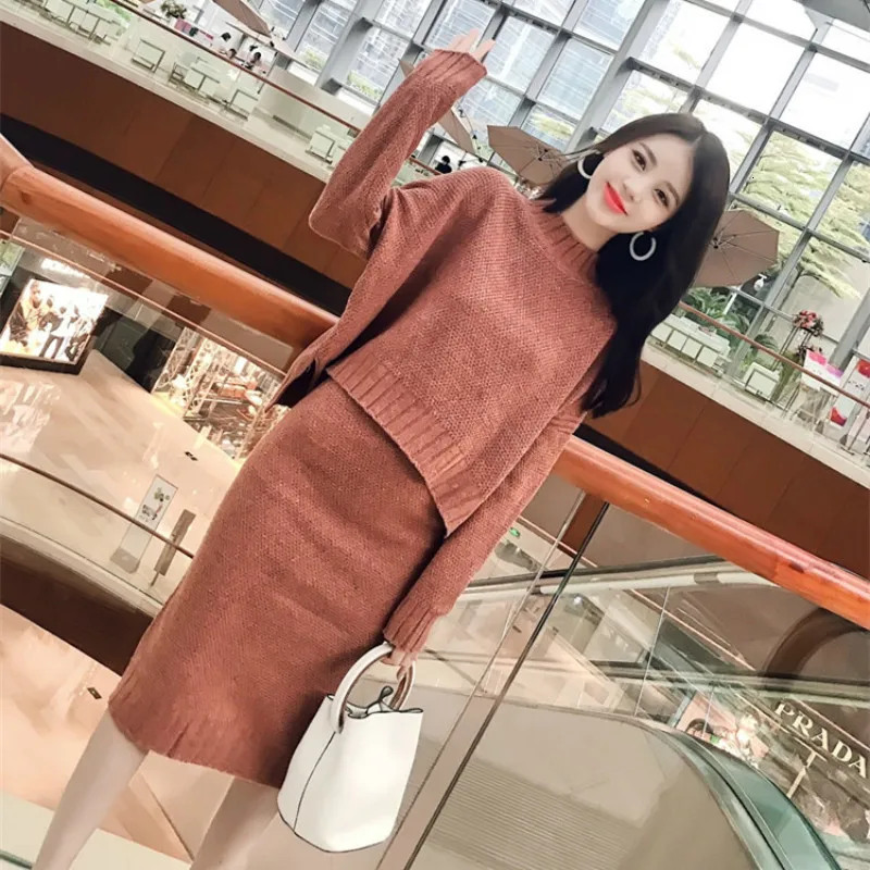 Вязаный женский свитер теплый с длинным рукавом топы + облегающая юбка карандаш