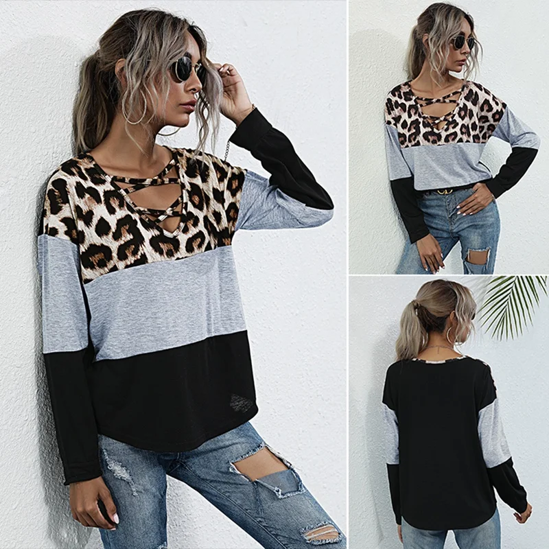 

Women's Autumn and Winter Leopard Stitching T-Shirt Long Sleeve V-Neck Cross Tops