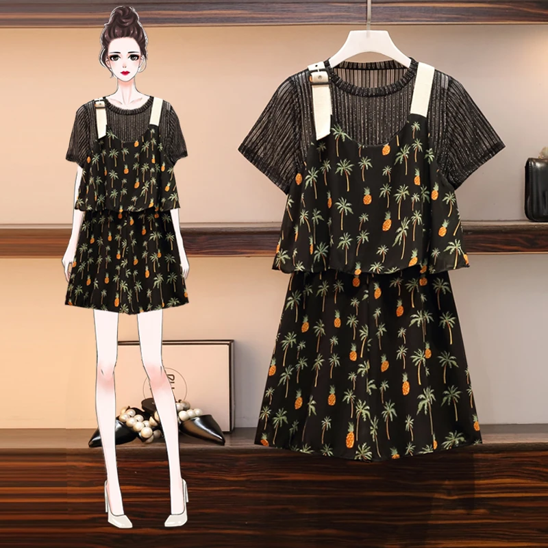 Женский комплект из 2 предметов в стиле бохо сетчатый топ и комбинезон с принтом