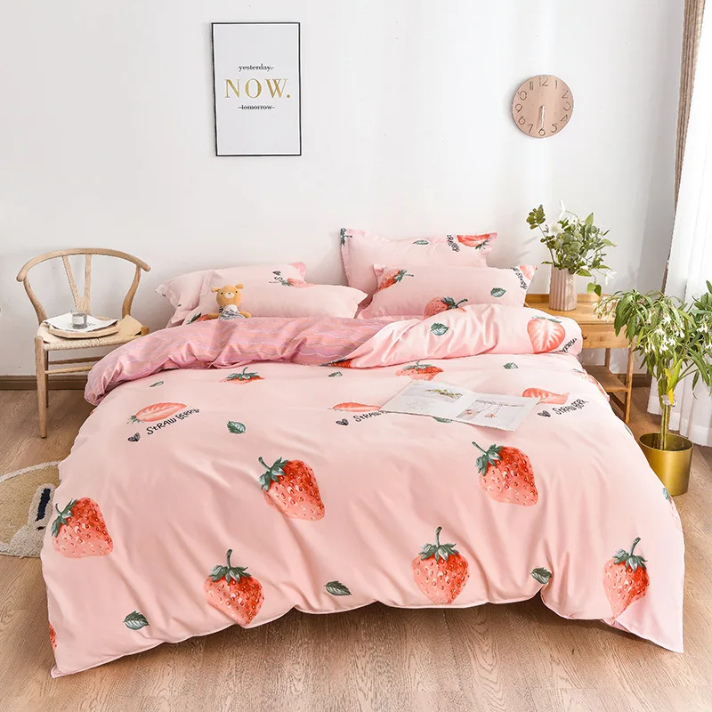 

Duvet Cover Set Home Decoration Bedding Sets 4pcs High Quality Printed Lovely Pattern with Pink cute strawberry Bedding Set