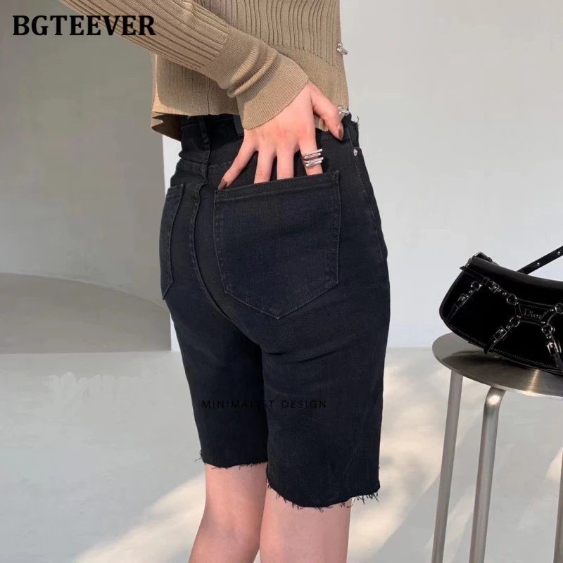 

BGTEEVER Casual Stretched Ladies Half Jeans High Waist Button Slim Female Skinny Denim Shorts Summer Women Solid Shorts 2021