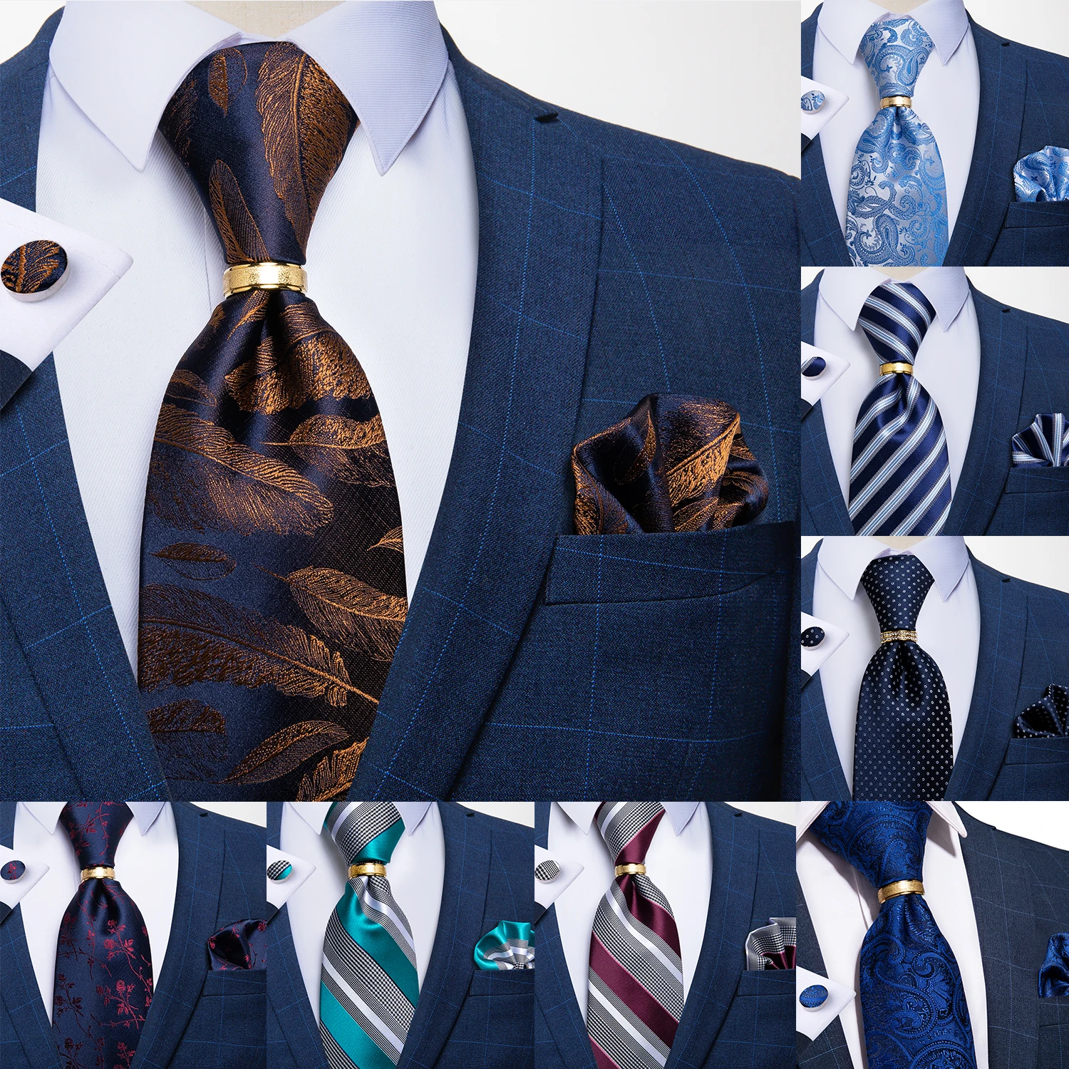

Men Tie Navy Gold Feather Pattern Business Formal Necktie Handkerchief Cuffinks Ring Set Jacquard Woven Silk Wedding Tie DiBanGu