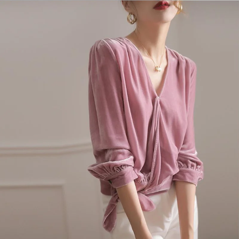 

Elvet Shirt Top Female Design Sense Minority V-Neck Long Sleeve Gentle Wind Aging Shirt Lotus Root Pink True Early Autumn Style