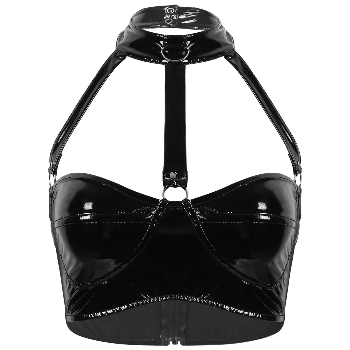 

Women Bra Lingerie Gothic PVC Leather Bralette Sexy Halter Strappy Backless Bustier Vest Clubwear Wetlook Push Up Latex Bras Top