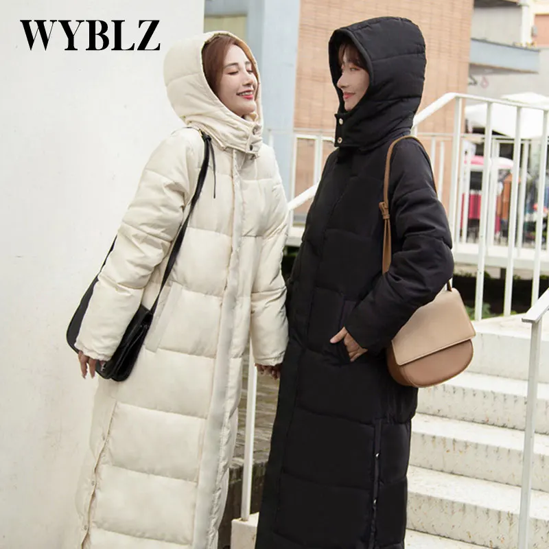 WYBLZ 2021 Women Thicken Parka Jacket Fashion Elegant Long Cotton Jacket Coat Korean Solid Color Slim Winter Clothing for Lady