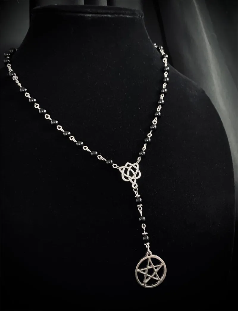 

New SABBAT Handmade Onyx & Silver Color Pentacle Rosary Necklace Jewelry Celtic Knot Connector Charm High-quality jewellery