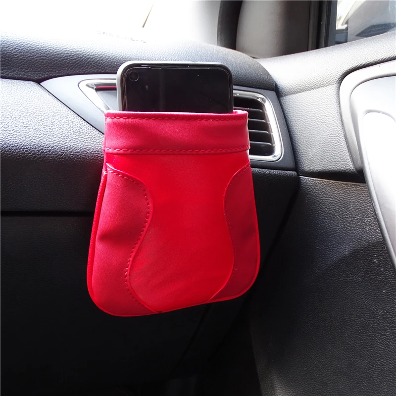 

PU Leather Car Stowing Tidying Outlet Air Vent Trash Box Auto Mobile Phone Holder Bag red/Black Automobiles Interior Accessories
