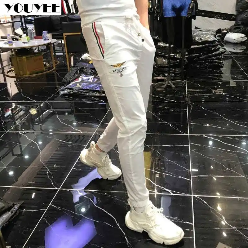 

Male Casual Pants Embroidered Eagle 2021 Summer Trend Slim Legged Sports Pants White Blue All-match Ventilation Men's Clothing