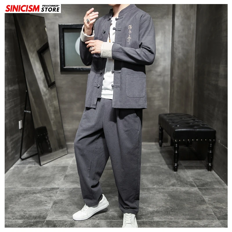 Sinicism Store весенний спортивный костюм с вышивкой для мужчин 2020 мужской льняной