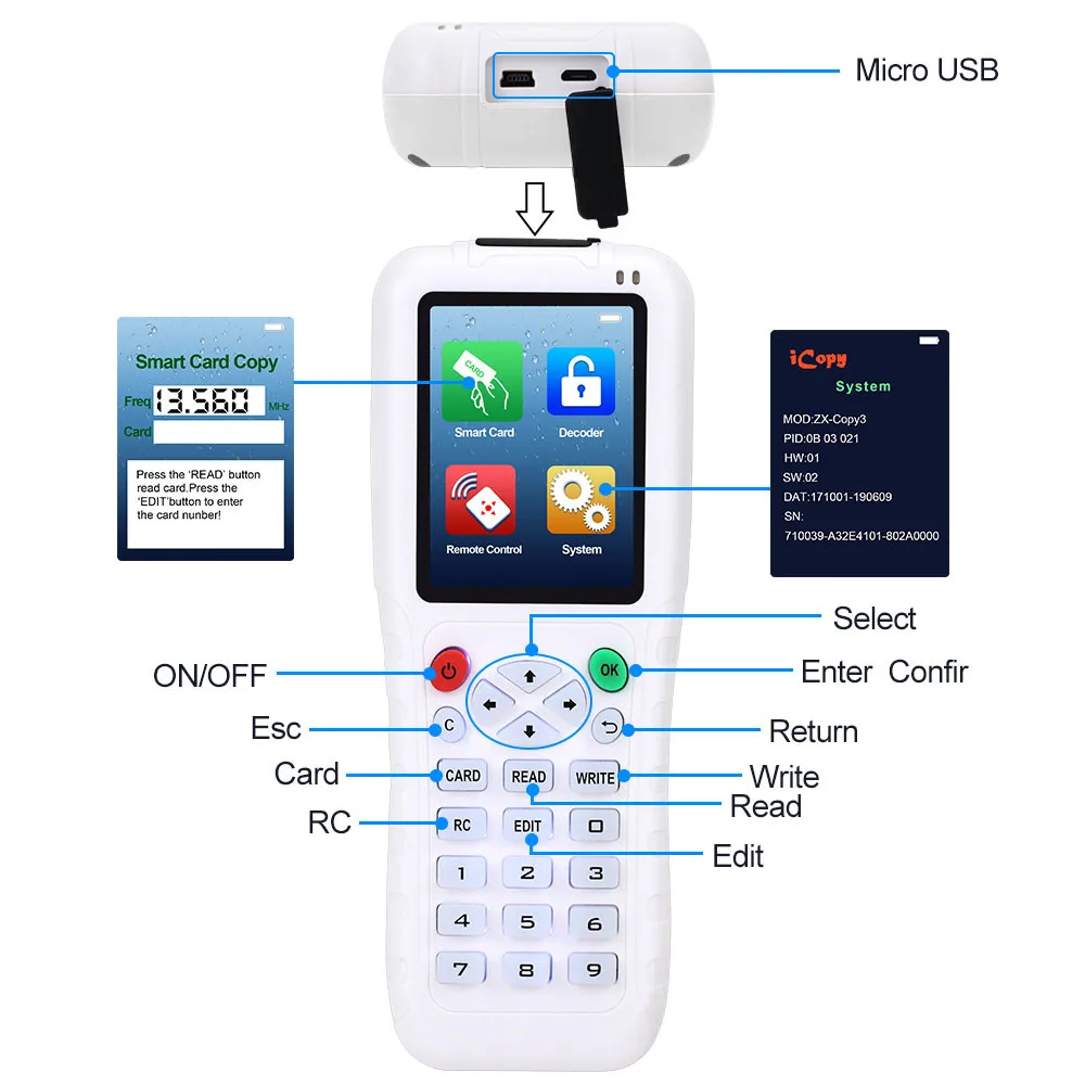 Ручной 125 кГц RFID Дубликатор копир RFID считыватель писатель 13,56 МГц USB Cloner NFC программист перезаписываемые карты EM4305/T5577 UID