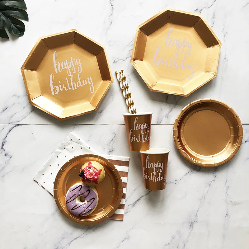 

Octagonal Disposable Tableware Set Disposable Paper Plate Straw Cup Rose Gold for Wedding Birthday Decoration Party Supplies