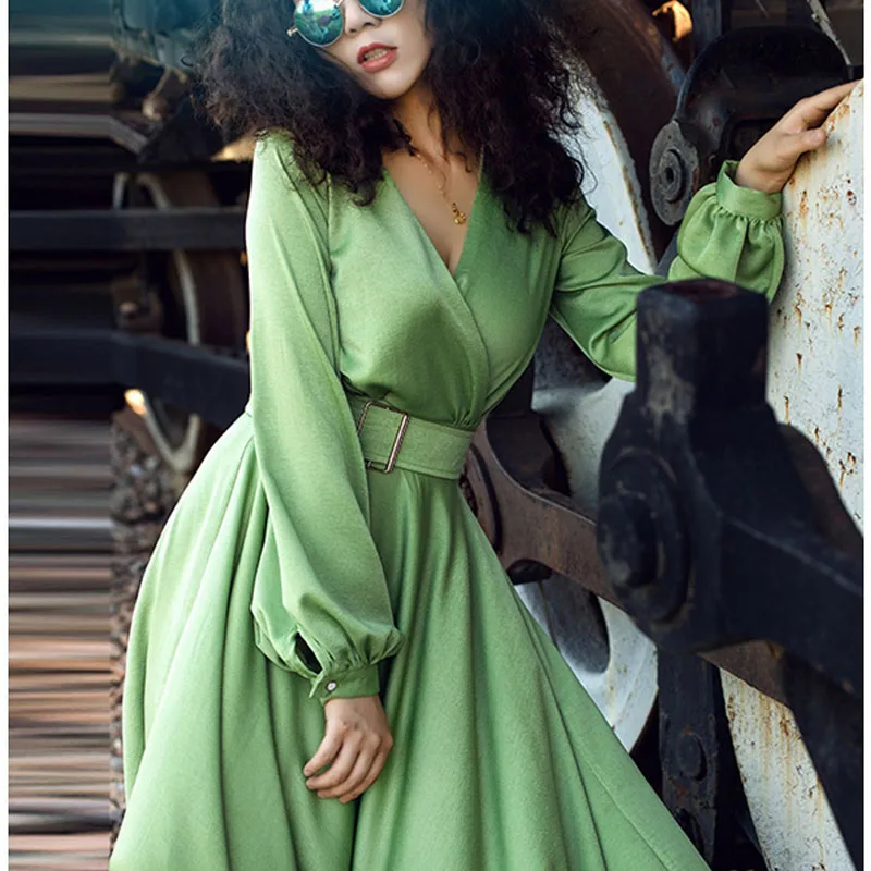 Женское длинное платье с авокадо зеленое тонкой талией весна-осень 2021 NBH12 |