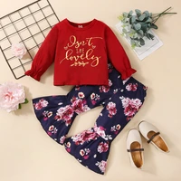 girls suit round neck long sleeve lettered t shirt flower flared pants suit suitable for 12 month old girl 4 year old girl