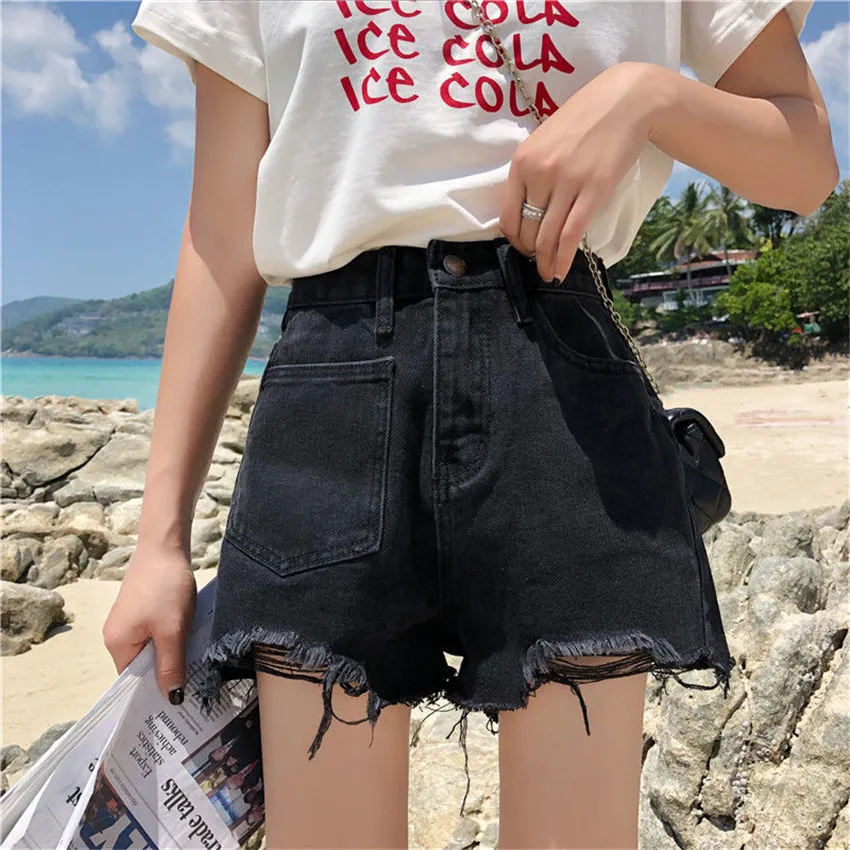 

High Waist Denim Shorts for Women Korean Summer Sexy Black Ripped Shorts With Tassel Pockets Mini Short Jeans