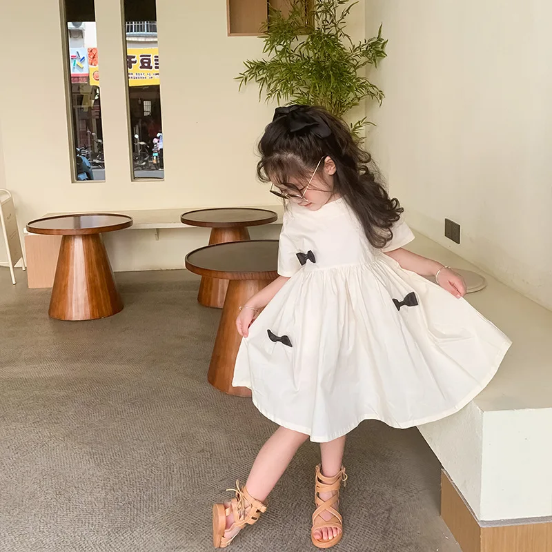 

Kids Girls Dress Summer Children Cotton Long Sleeve Bow Frocks Girls Princess One Piece Kids Clothes Korean Style Baby Dresses