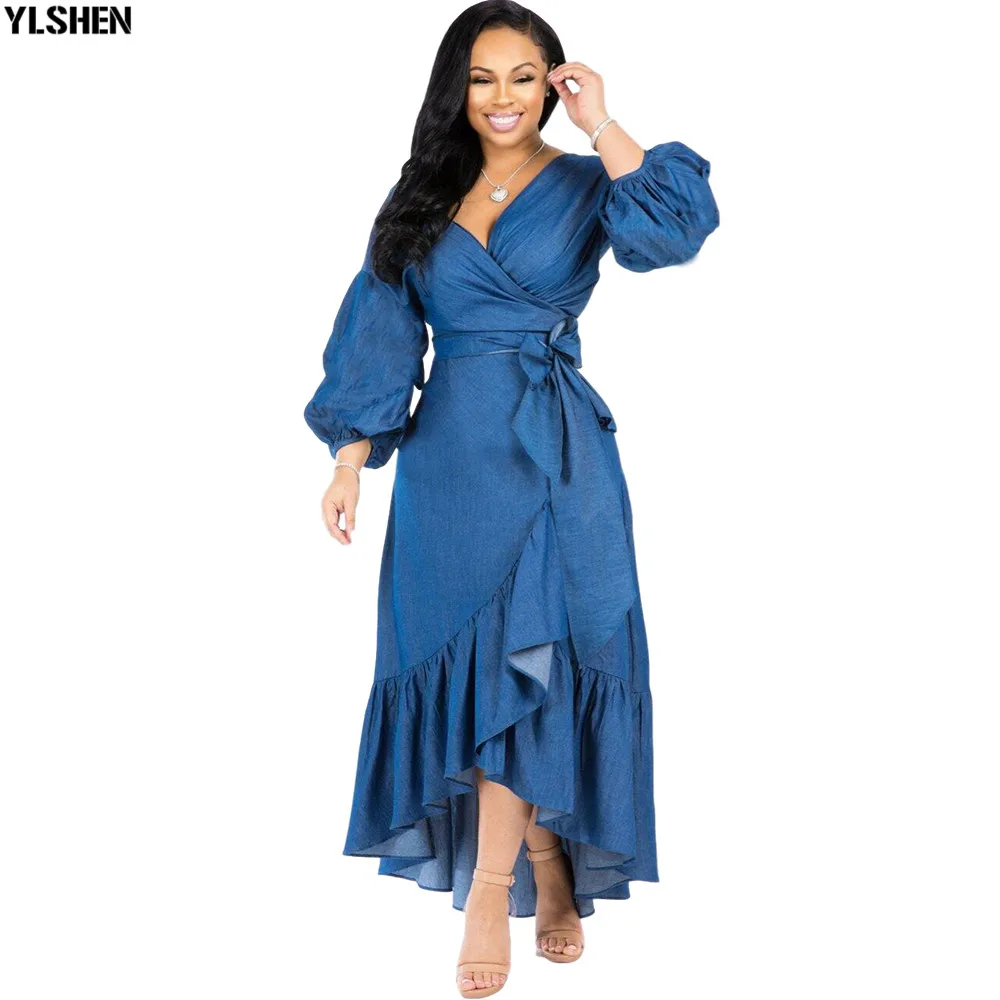 

Elasticity Denim African Dresses For Women Plus Size Africa Clothing African Design Bazin Robe Vetement Femme Dashiki Maxi Dress