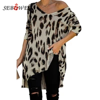 sebowel casual women long sleeve oversized tunic sweater leopard fall winter 2020 female v neck loose style knitted pullovers