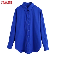 tangada women retro oversized blue long shirt long sleeve chic female casual loose shirt tops be557