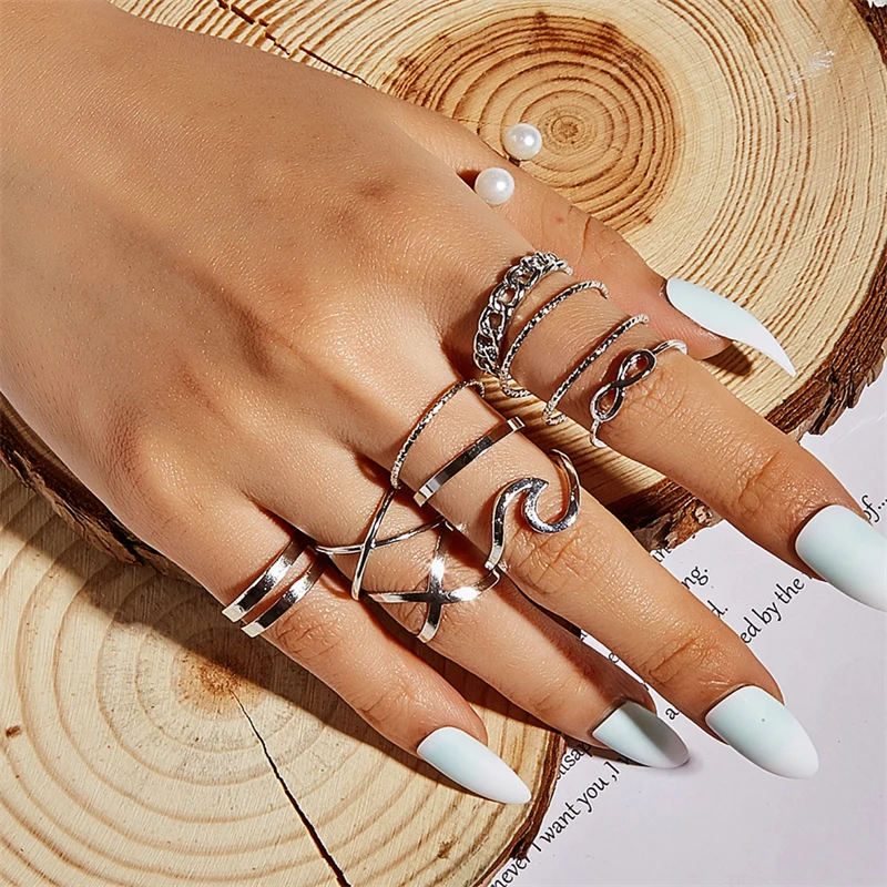 

10 Pcs/Set Simple Fashion Wave Pattern Ring Set for Women Trend Personality Pearl Metal Multilayer Jewelry Girl Gift anillos