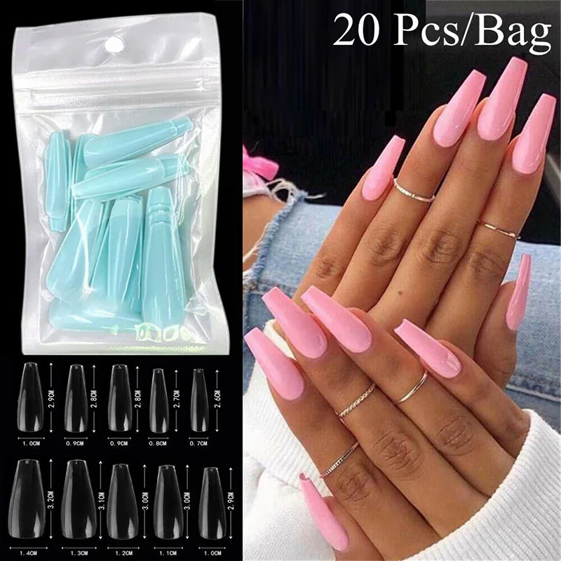 

20pcs/box Full Cover Fake Nail Artificial Press on Long Ballerina Clear/Natural/white False Coffin Nails Art Tips Manicure Tool