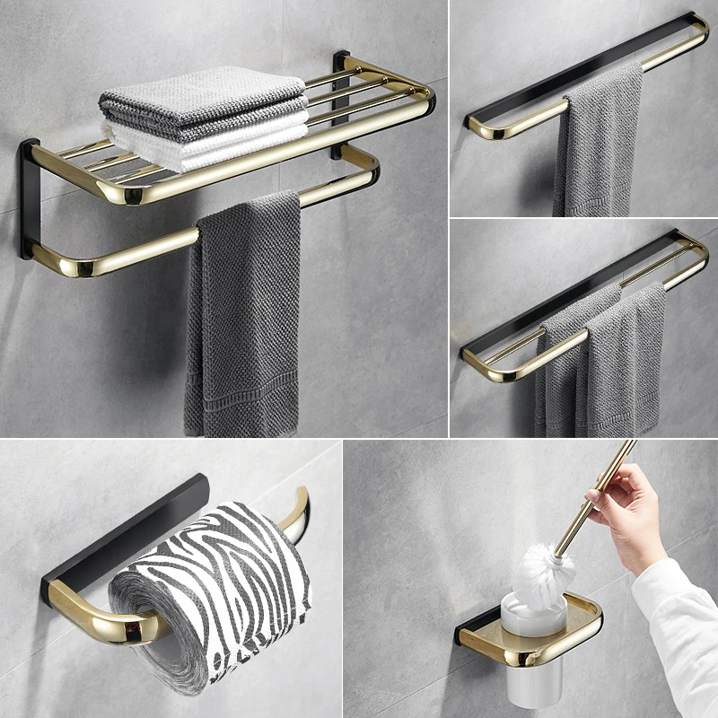 

Bathroom Accessories Bath Hardware Set Gold and Black Brass Towel Rack Paper Holder Toilet Brush Holder Towel Bar Robe Hooks