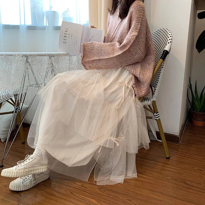 

Harajuku Spring Summer Super Fairy Pleater Cake Skirt Women Solid Color Lace Layer Bow Female Kawaii Lolita Skirt Mori Girl K043