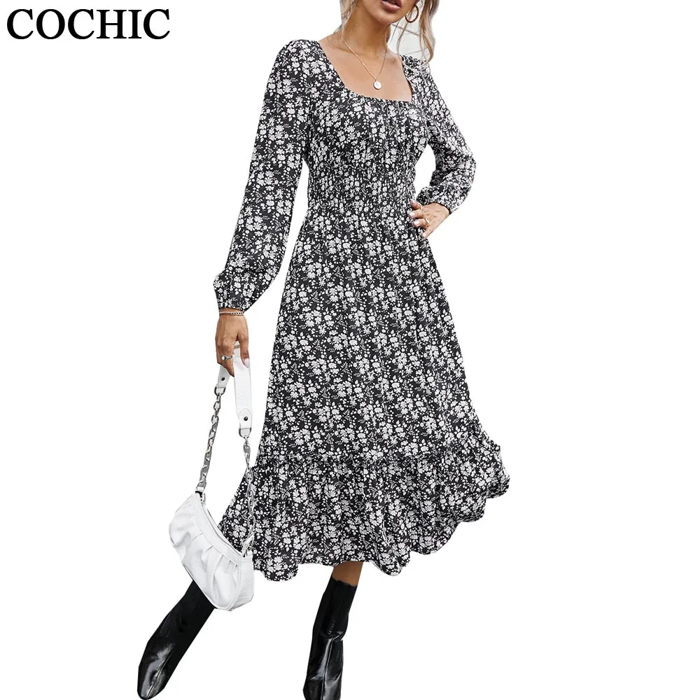 

Spuare Collar Floral Print Elegant Autumn Women Dress Ruffles Hem Streetwear Spring long Sleeve Dresses