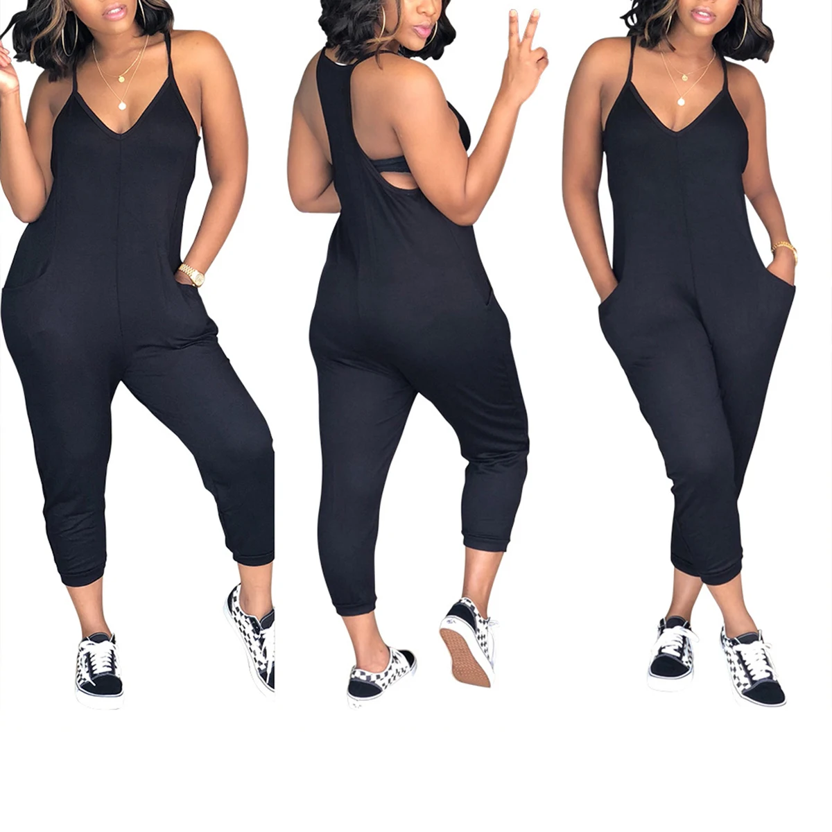 

Модный женский повседневный комбинезон на подтяжках, летний женский сексуальный однотонный Боди без рукавов с v-образным вырезом для путеш...