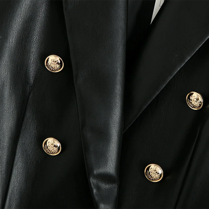 

PU Faux Leather Black Double Breasted Women's Blazer Solid Slim Button Ladies Blazers 2020 Autumn Fashion Street Ladies Suit
