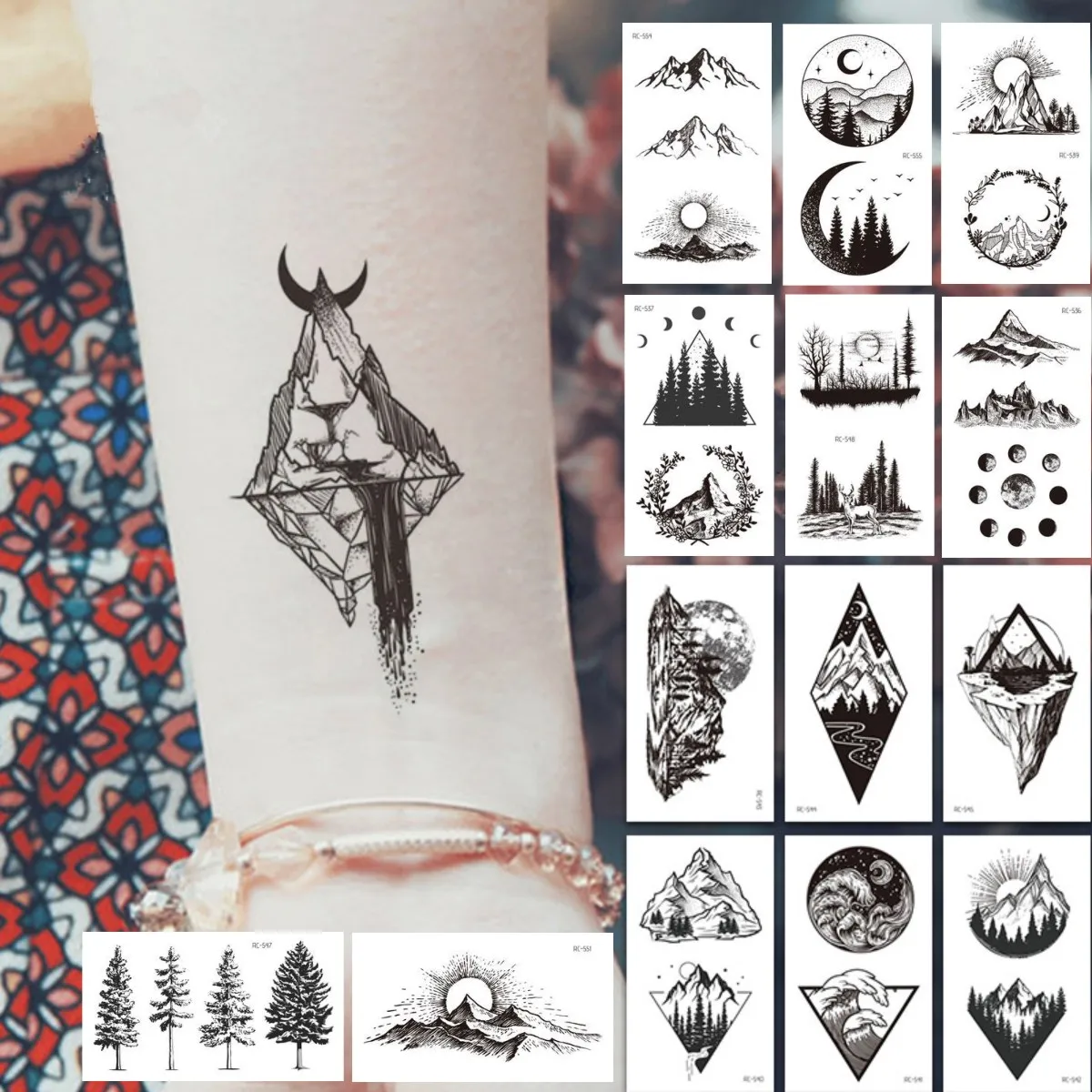 Водостойкие Временные татуировки-наклейки луна холм лес звезды черные маленькие