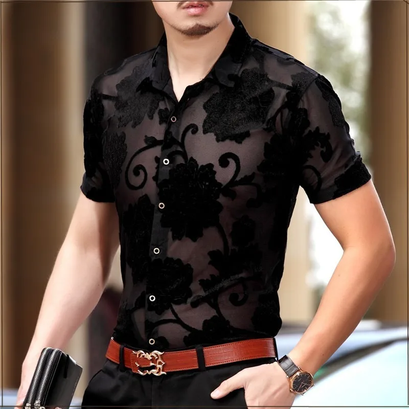 Летние Новые Сексуальные мужские прозрачные цветочные рубашки с вышивкой