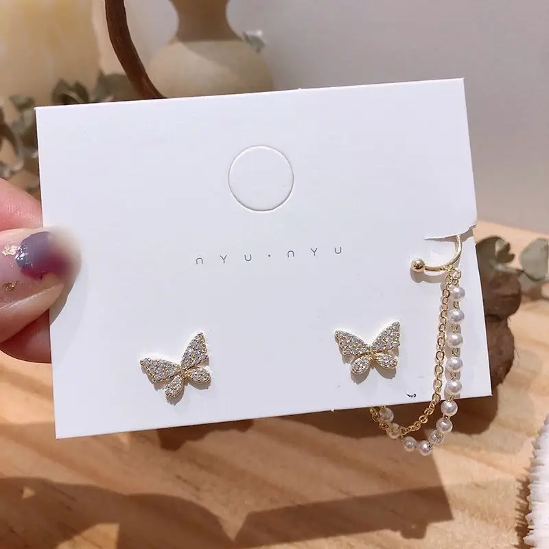 

Korean Elegant Cute Rhinestone Butterfly Stud Earrings For Women Girls Fashion Metal Chain Boucle D'oreille Party Jewelry Gift