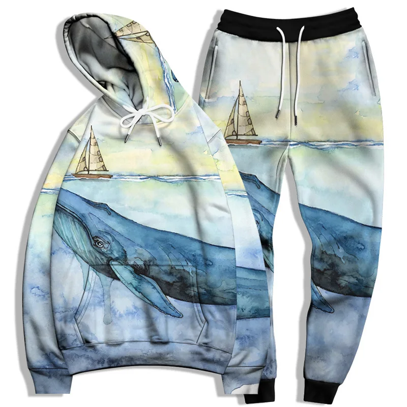 

5XL 6XL Fish Pattern Digital Print Lady Pullover Two-Piece Casual Drawstring Hoode Long-Sleeve Hoodie Trousers Harem Pants Suit