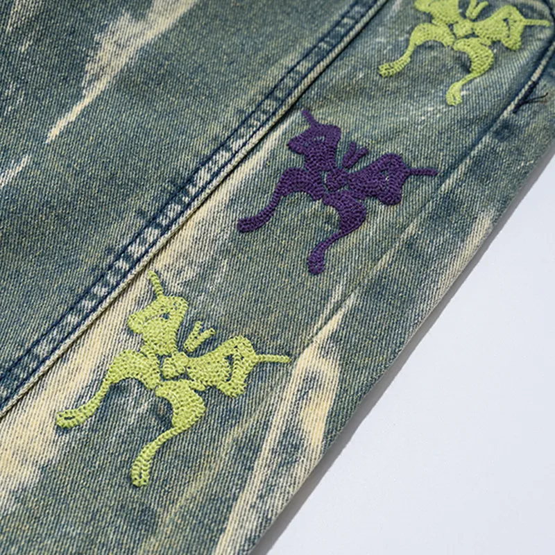 New Arrivals Butterfly Embroidery Vintage Green Men Baggy Jeans Trousers Hip Hop Straight Women Wide Denim Pants Pantalon Homme