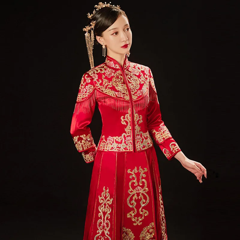 Retro Exquisite Embroidery Tassel Chinese Cheongsam Couple Wedding Suit Elegant Bride Marry Dress китайская одежда
