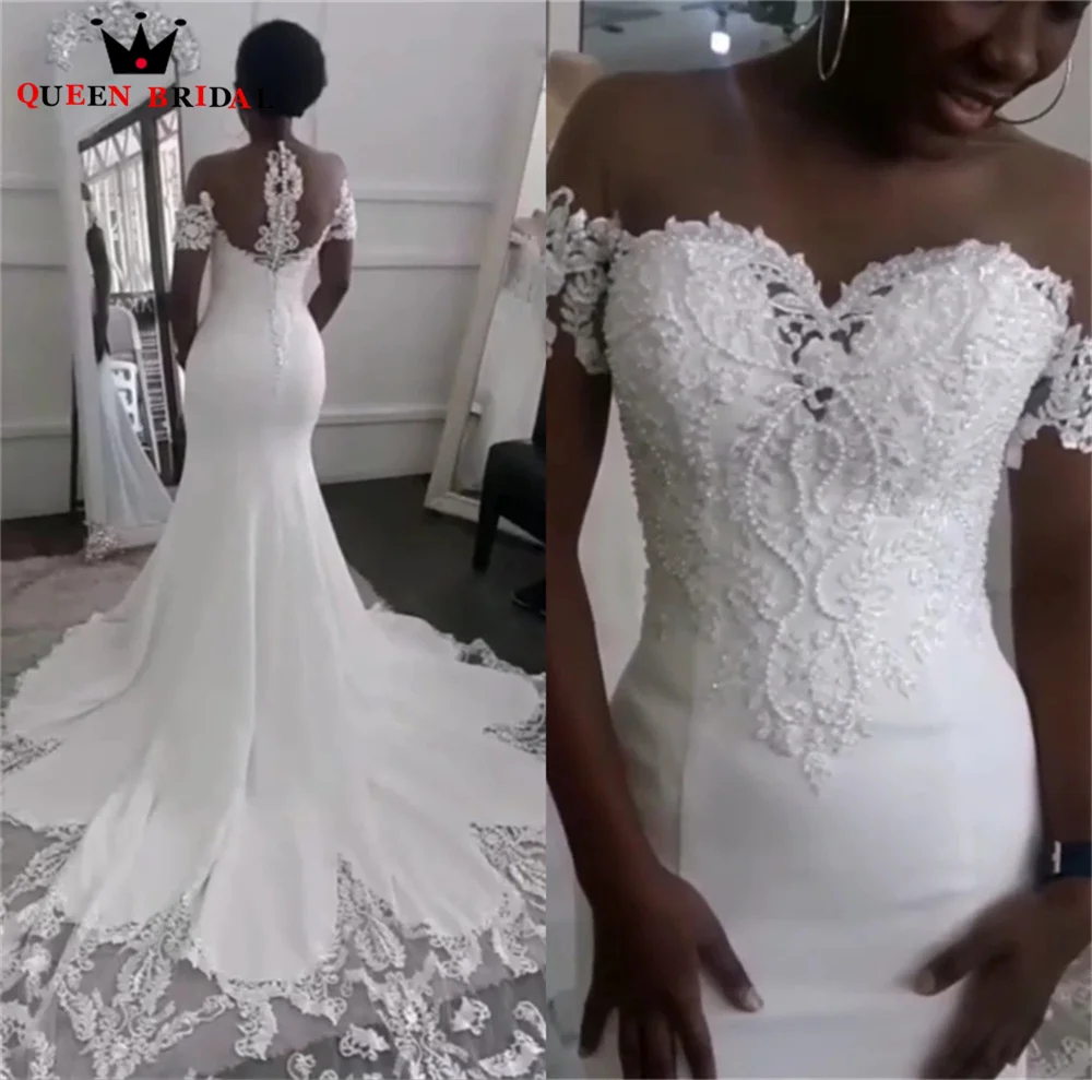 

Sexy Wedding Dresses Mermaid Short Sleeve Satin Lace Beading Pearls Long Formal Women Bride Dresses Custom Size DK33