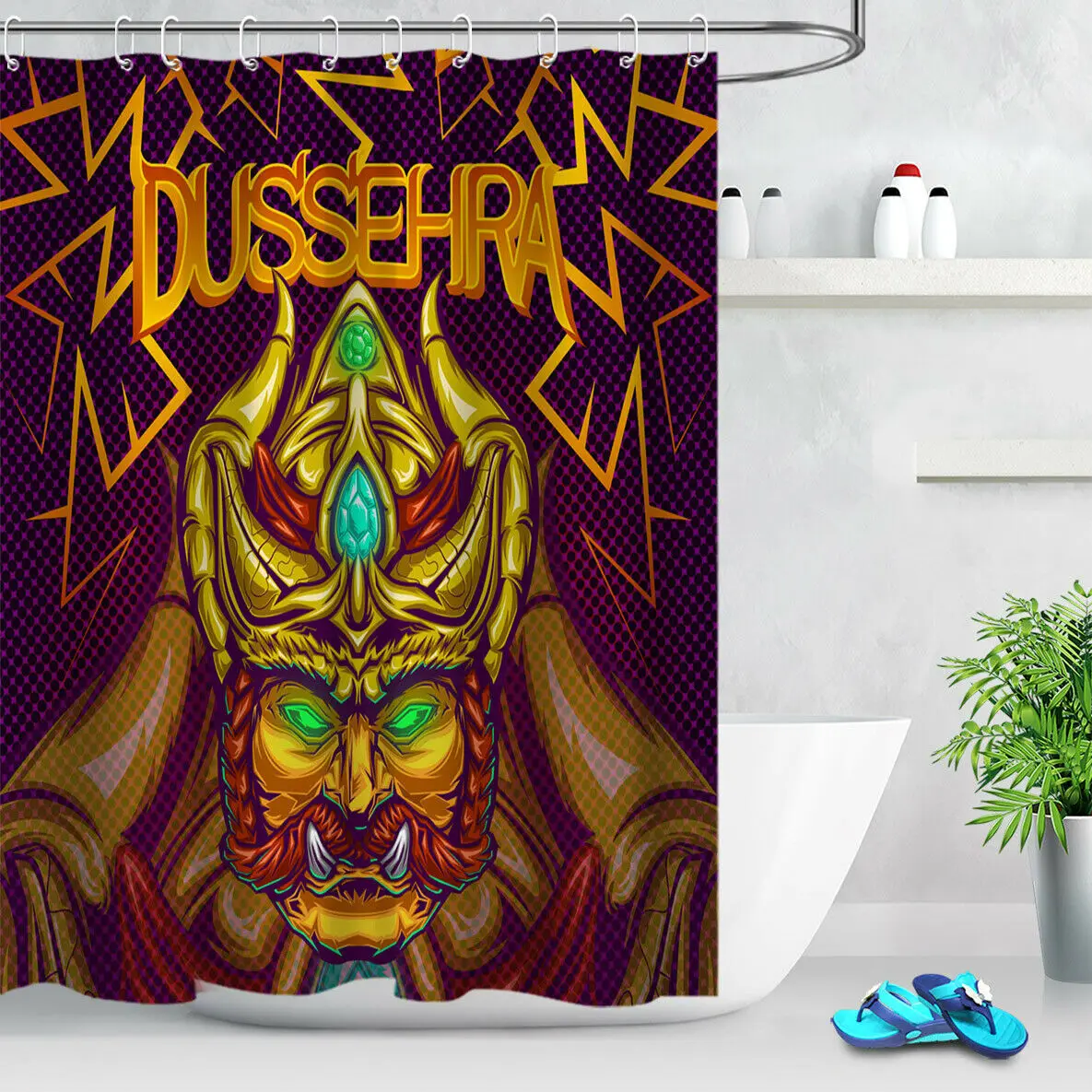 

Dussehra Ancient Indian Devil Fabric Shower Curtain Set Bathroom Free Hooks