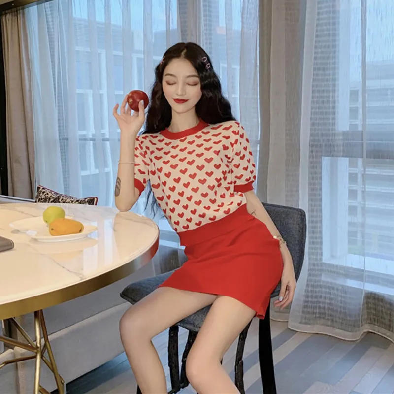 

Women Female T-shirt O-neck Short Sleeve Color Block Fashion T-shirt Heart Pattern Loose Ice Knitted Woman Tops Ropa Mujer