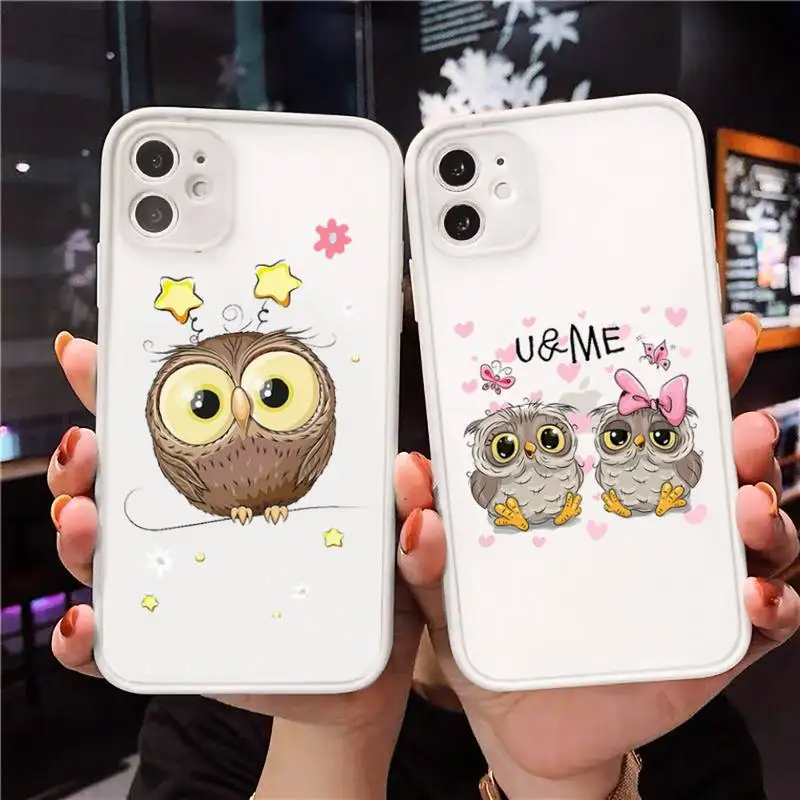 

Cute Owl Black Phone Case For iPhone 12 11 Mini Pro XR XS Max 7 8 Plus X Matte transparent White Back Cover