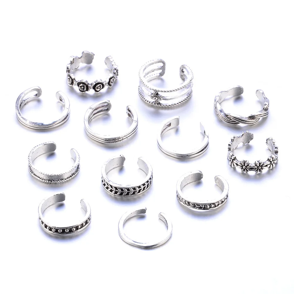 

12PCS/Set Ring Women High Quality Unique Adjustable Opening Finger Ring Retro Carved Toe Ring Foot Beach Foot Jewelry